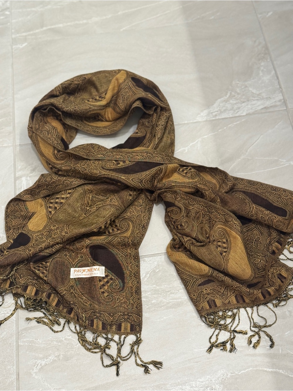 pashmina and silk Brown & Gold Paisley Wrap Scarf Fall Winter Transition